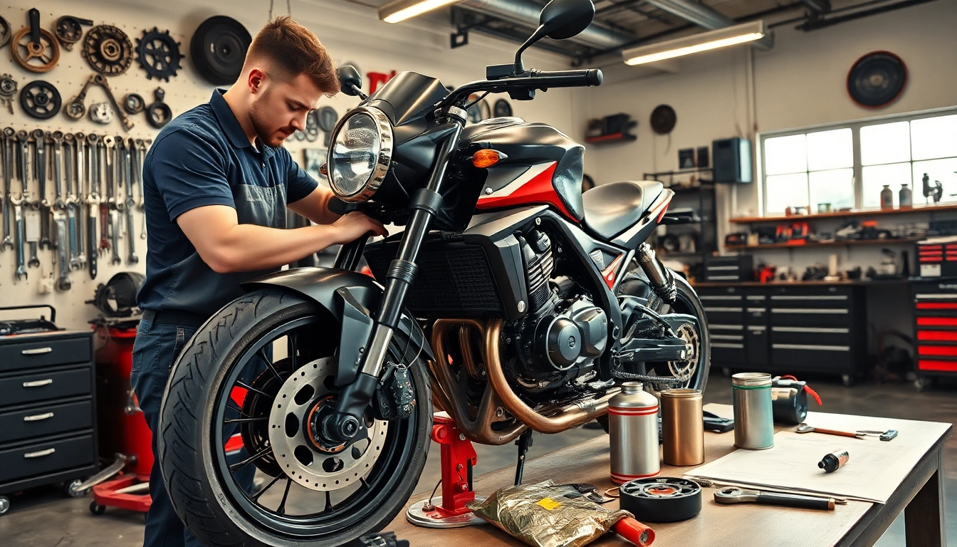 Präzise motorradtechnik bei der Wartung eines Motorrads in einer Werkstatt.