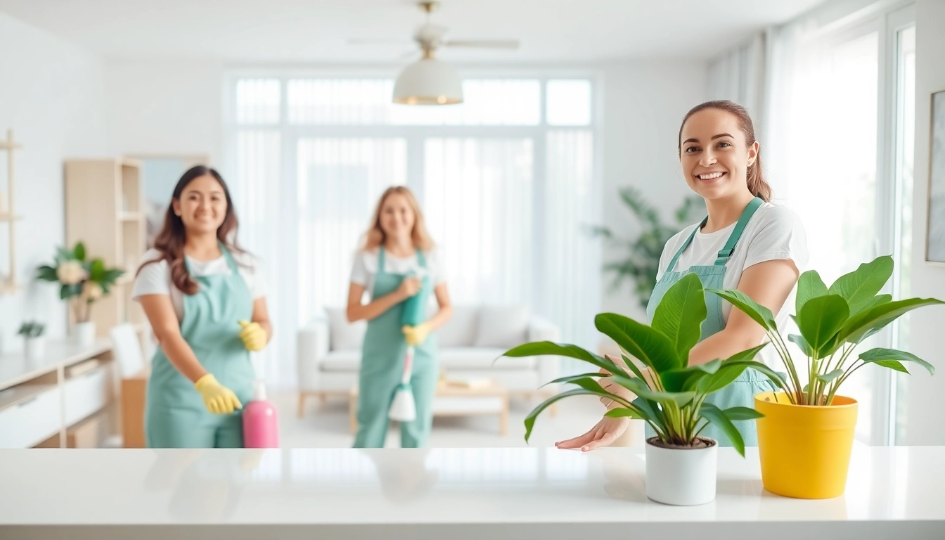 Showcasing a cleaning service team bringing a fresh sparkle to a modern living room.