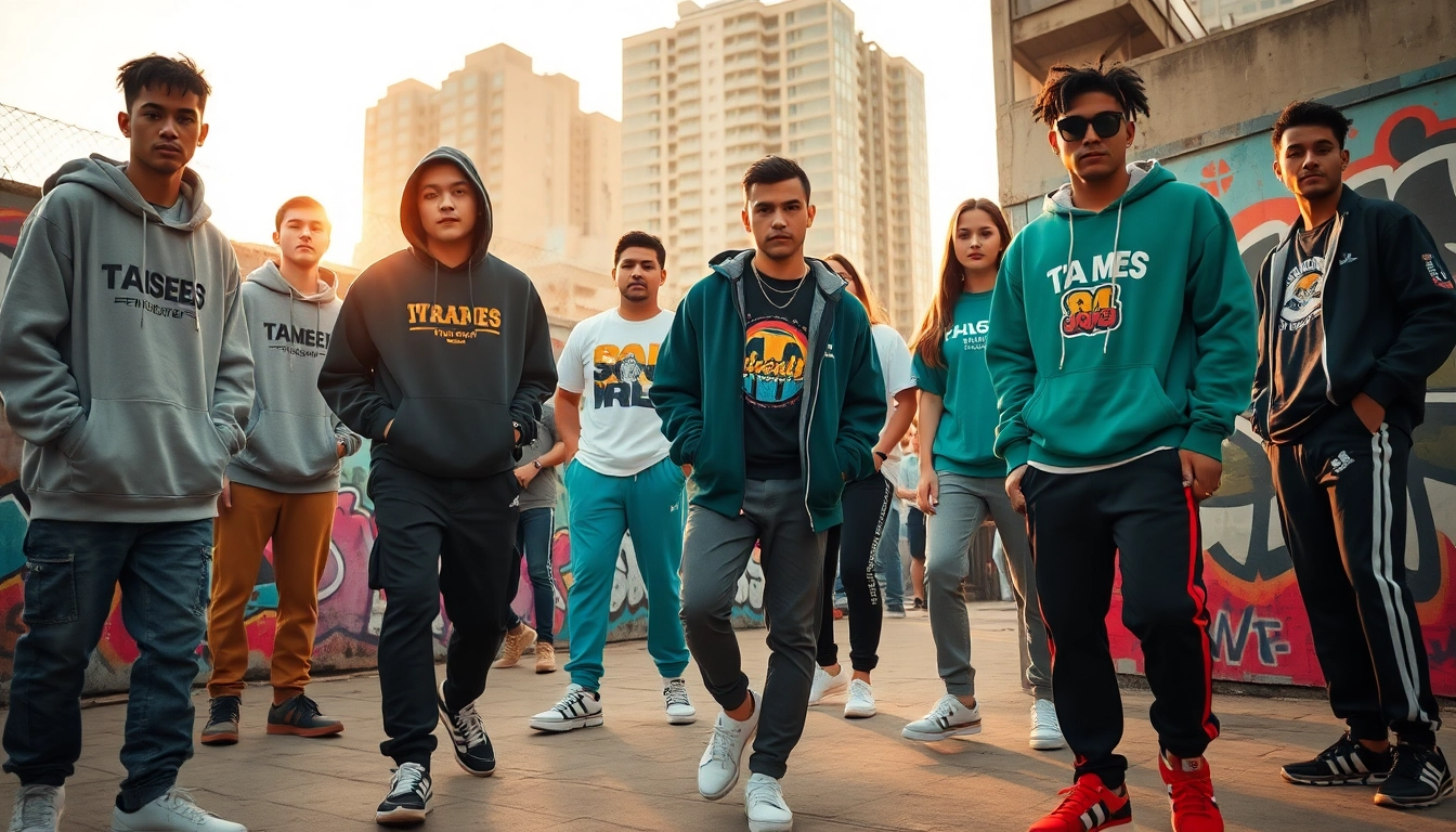 Vibrant street fashion collection with diverse models in trendy urban outfits.