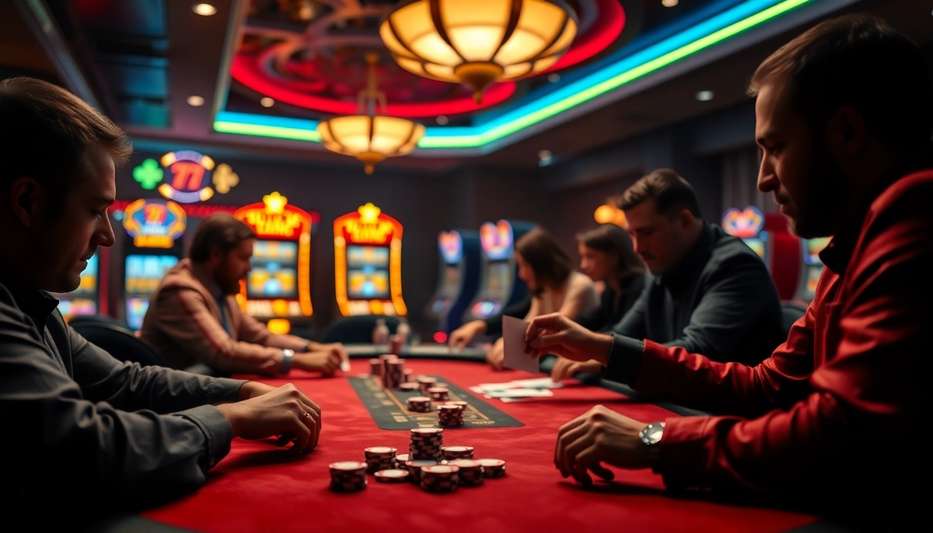Ramai permainan poker di kasino dengan kartu interwin, menunjukkan strategi dan kesenangan.