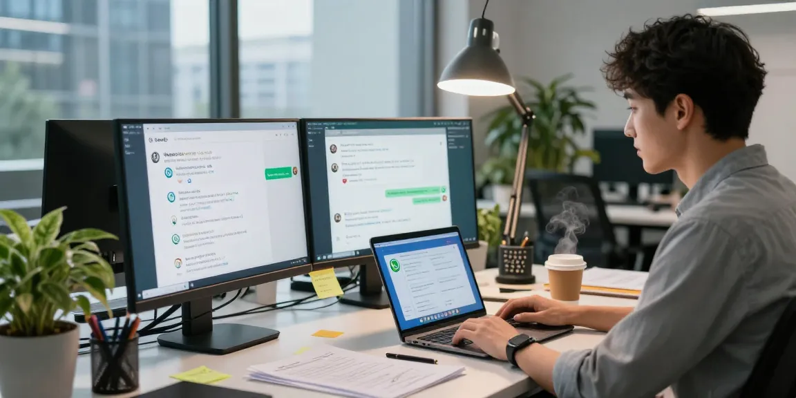 WhatsApp下載 on a dual monitor setup in a vibrant workspace.