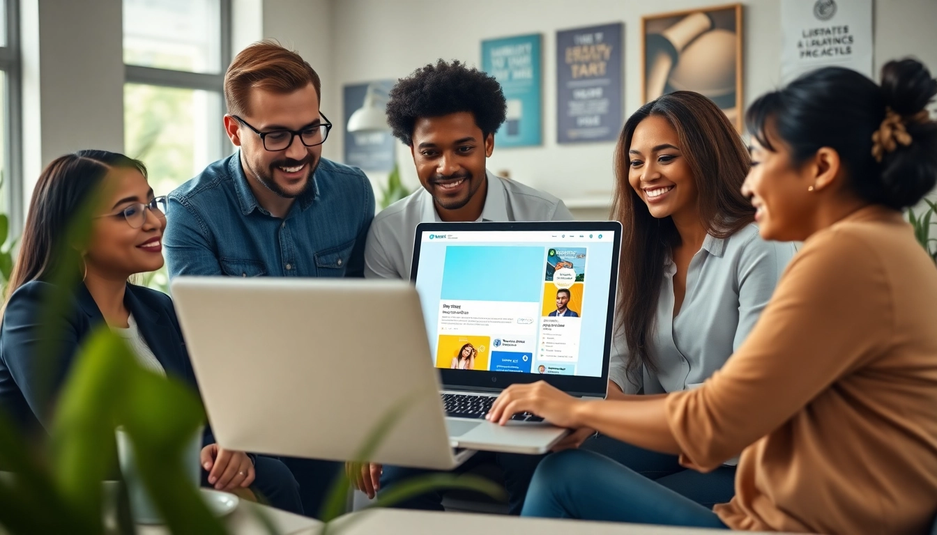 Creating an engaging free job post with diverse professionals collaborating in a modern workspace.