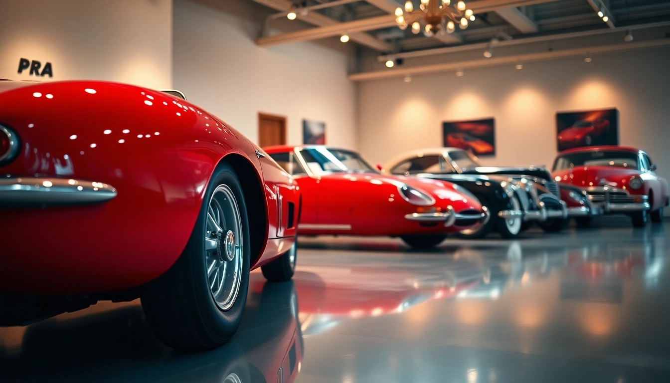 Admire the stunning vintage red sports car among other PRA Classic Cars in a sophisticated gallery setting.