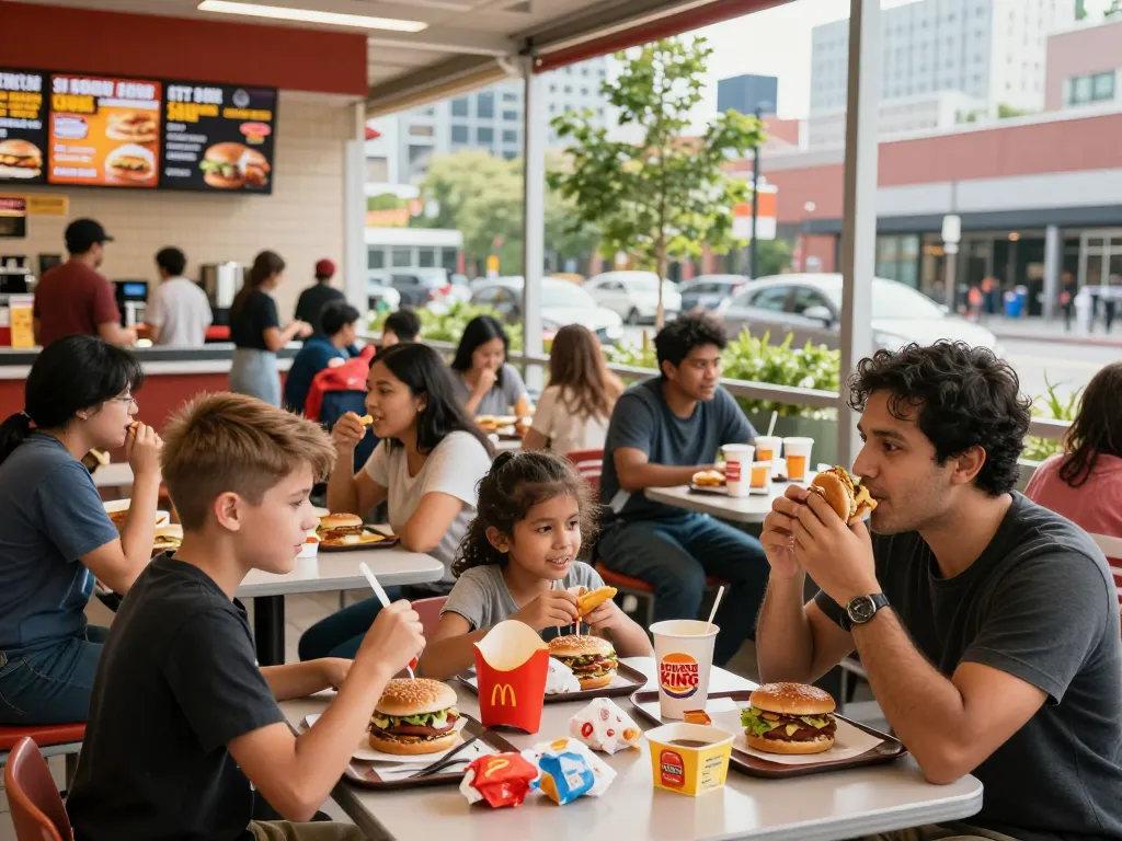 Fast food prices highlighted in a bustling food court scene with diverse diners.