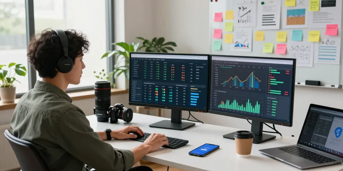 Engaging marketing workspace at scenadomen.pl featuring analytics dashboards, brainstorming notes, and a collaborative atmosphere.