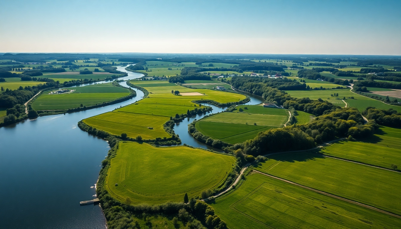 Drohnenfotos Brandenburg zeigen eine atemberaubende Landschaft mit grünen Feldern und einem Fluss.