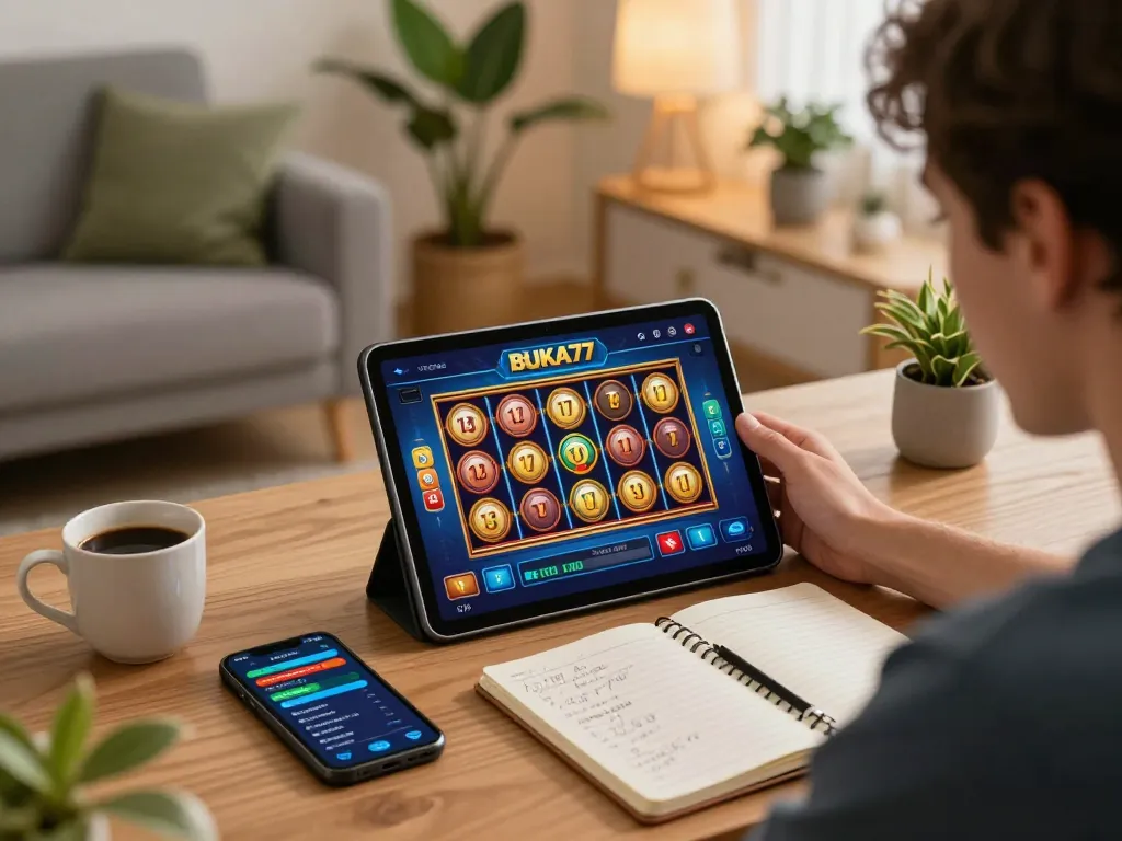 Engaged player leveraging BUKA77 casino app on tablet in a cozy living room gaming setup.