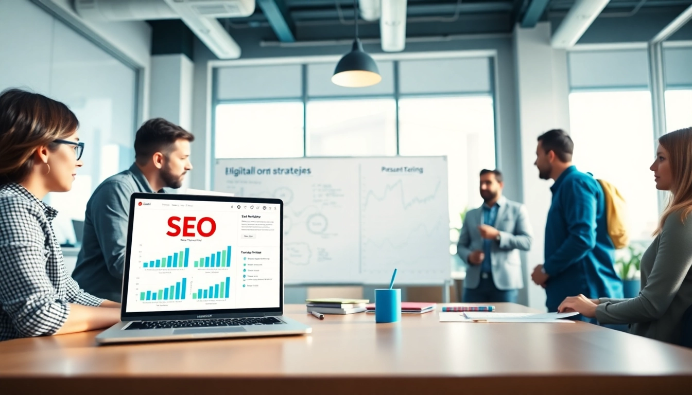 Engaged team discussing SEO strategies in a vibrant workspace environment.