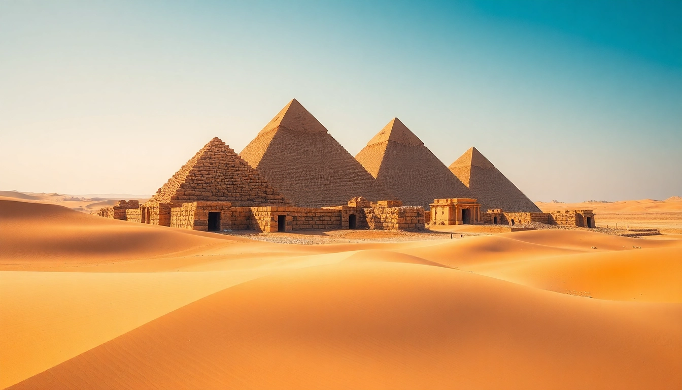 Experience the majestic Giza Pyramids featured on https://emegypt.net showcasing ancient architecture.