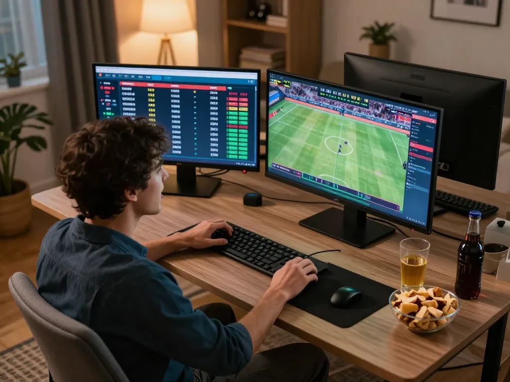Engaging in Kèo nhà cái online sports betting strategy with multiple screens displaying live matches.