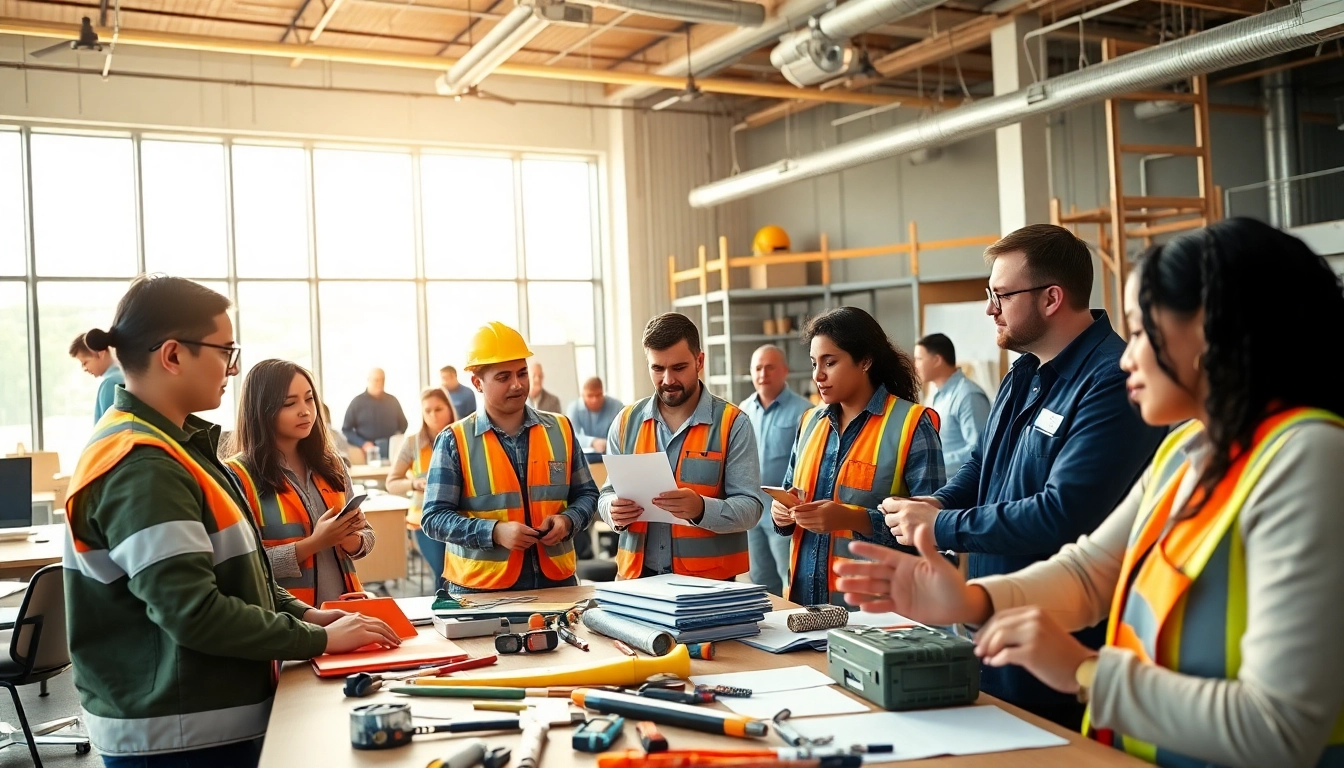 Construction workforce training session with diverse individuals actively learning and collaborating.