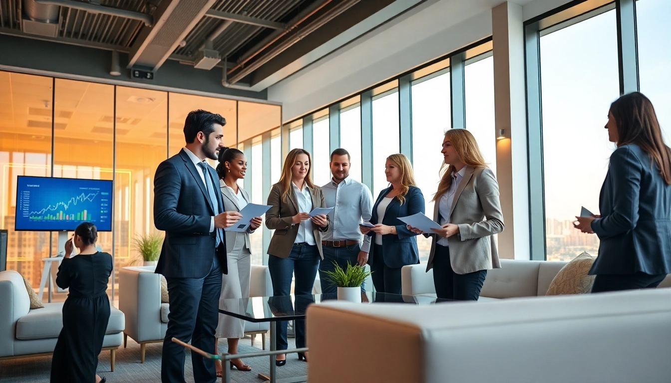Real Estate agents collaborating in a modern office to close deals and help clients.