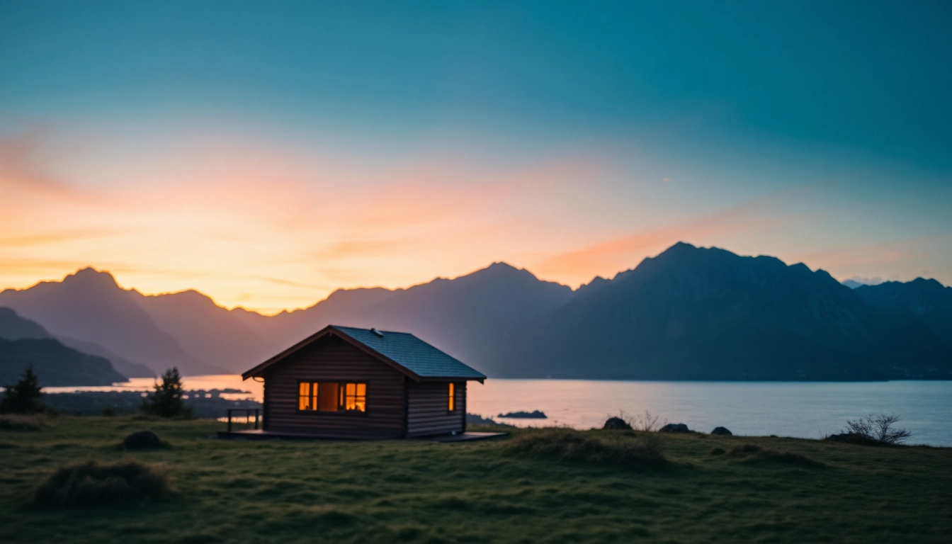 Scandia's serene landscape featuring a cozy cabin nestled by a stunning fjord.