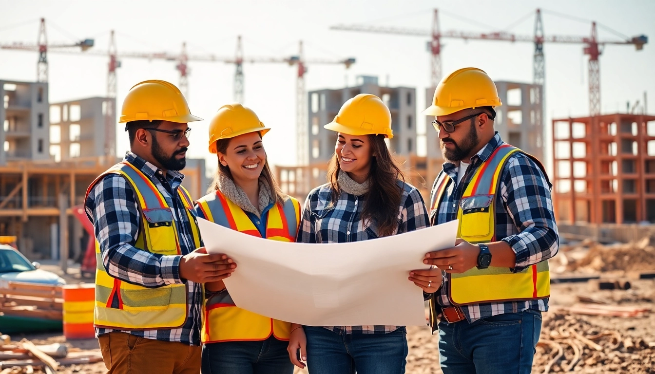 Construction association South Carolina team collaborating on a building project with blueprints.