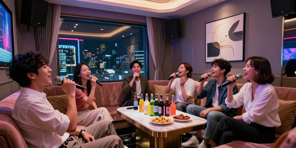 강남가라오케에서 프라이빗한 고급스러운 룸에서 친구들과 함께 즐거운 노래 시간을 보내는 장면