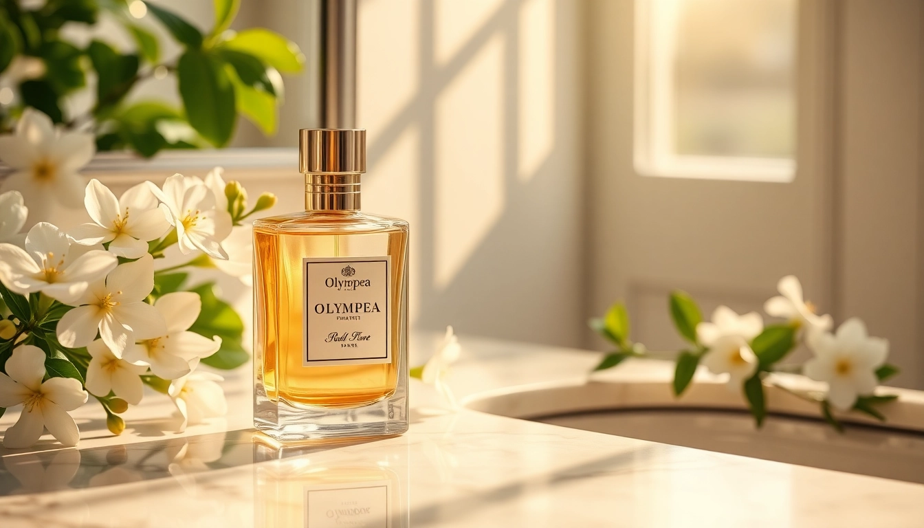 Experience Olympea perfume with its elegant bottle surrounded by jasmine flowers.