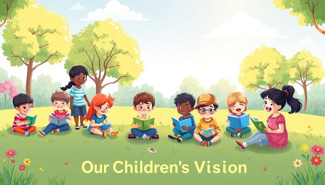 Promote Our Children's Vision through diverse children enjoying outdoor play with vibrant scenery.
