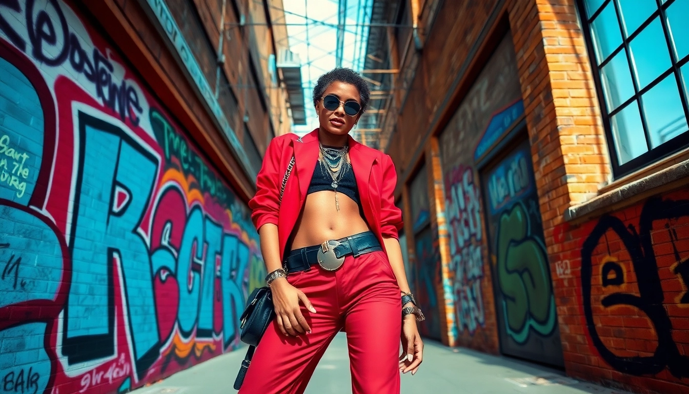 Stylish fashion model showcasing vibrant street fashion in a lively urban backdrop.