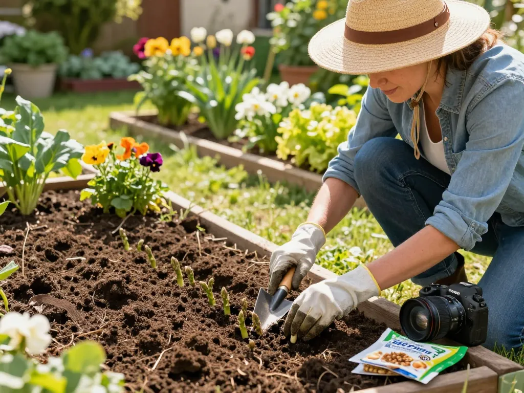 Gardener planting groene asperges zaaien seeds in a sunny home garden