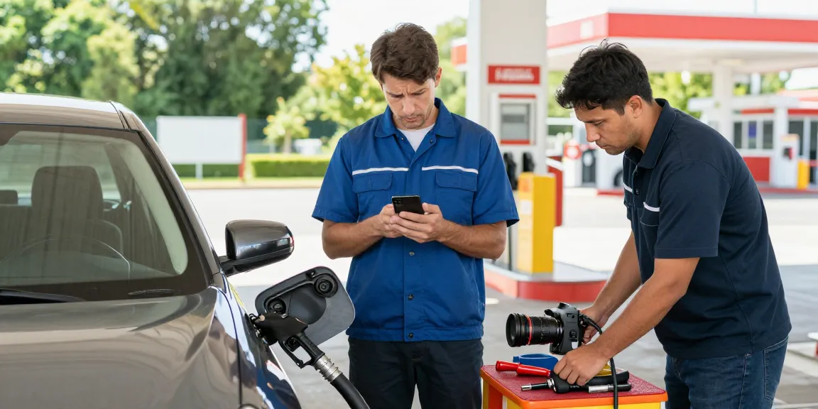 Driver facing issues from wrong fuel in car while technician offers assistance at fuel station.