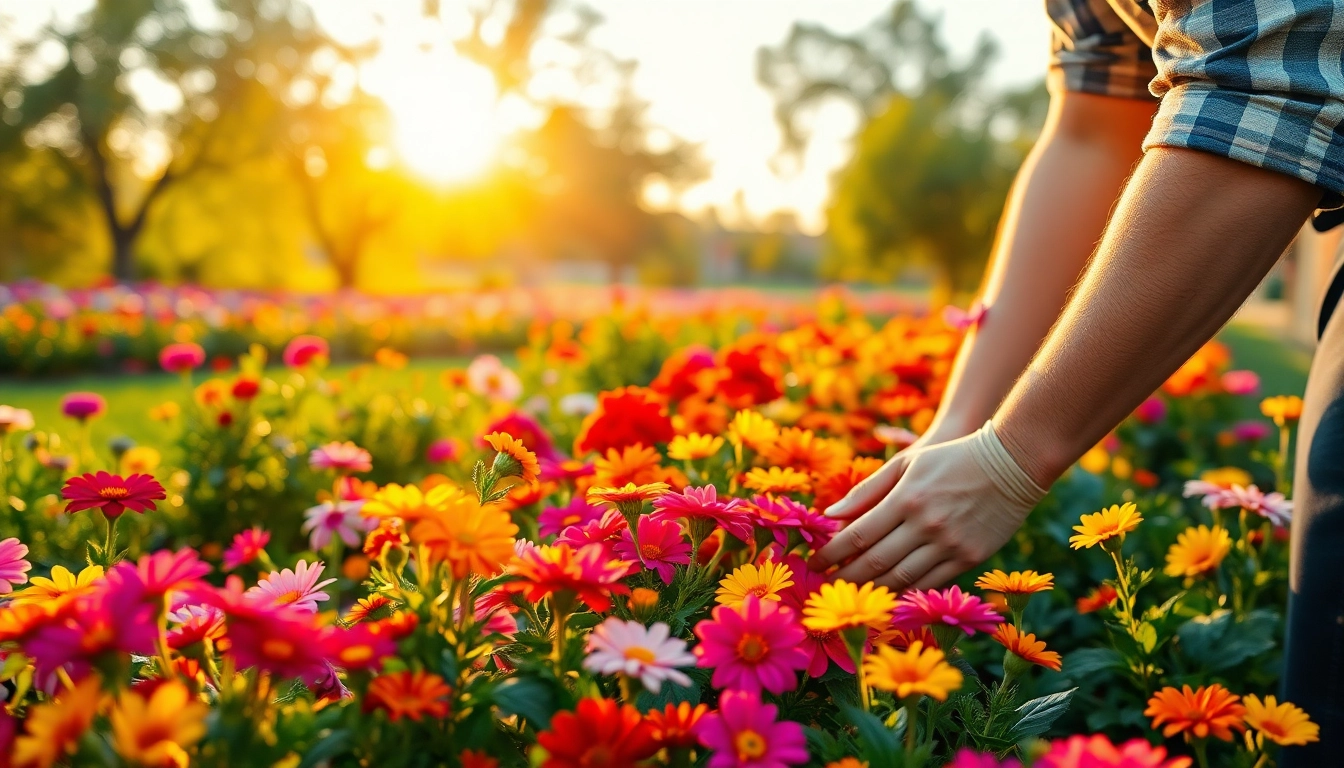 Gardening expert cultivating a blooming garden filled with vibrant flowers and greenery.