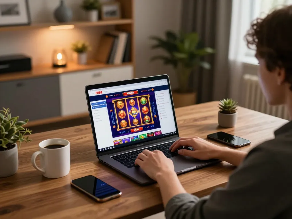 Engaging FB88 online casino gaming session at home with vibrant slot games.