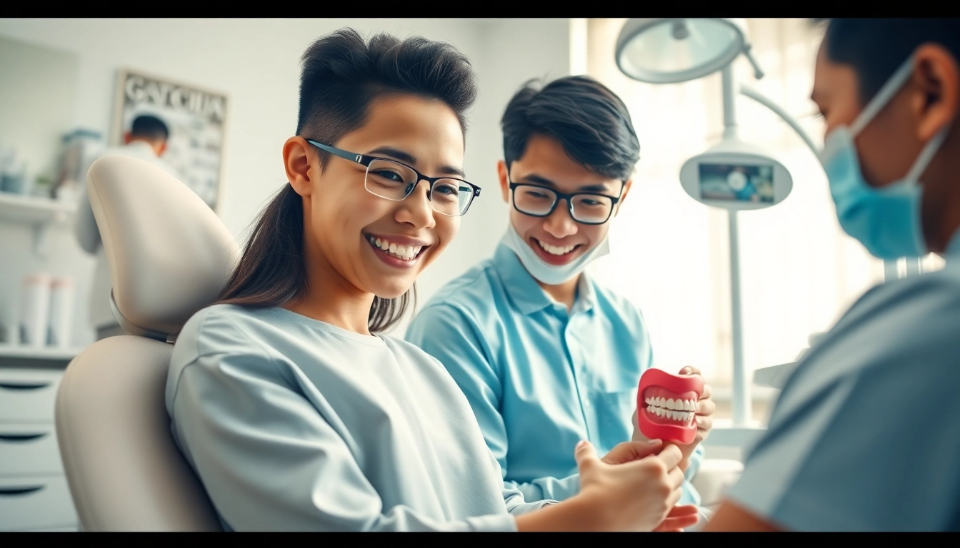 Braces Malaysia: A cheerful dental clinic scene featuring a dentist fitting braces on a child, promoting dental health.