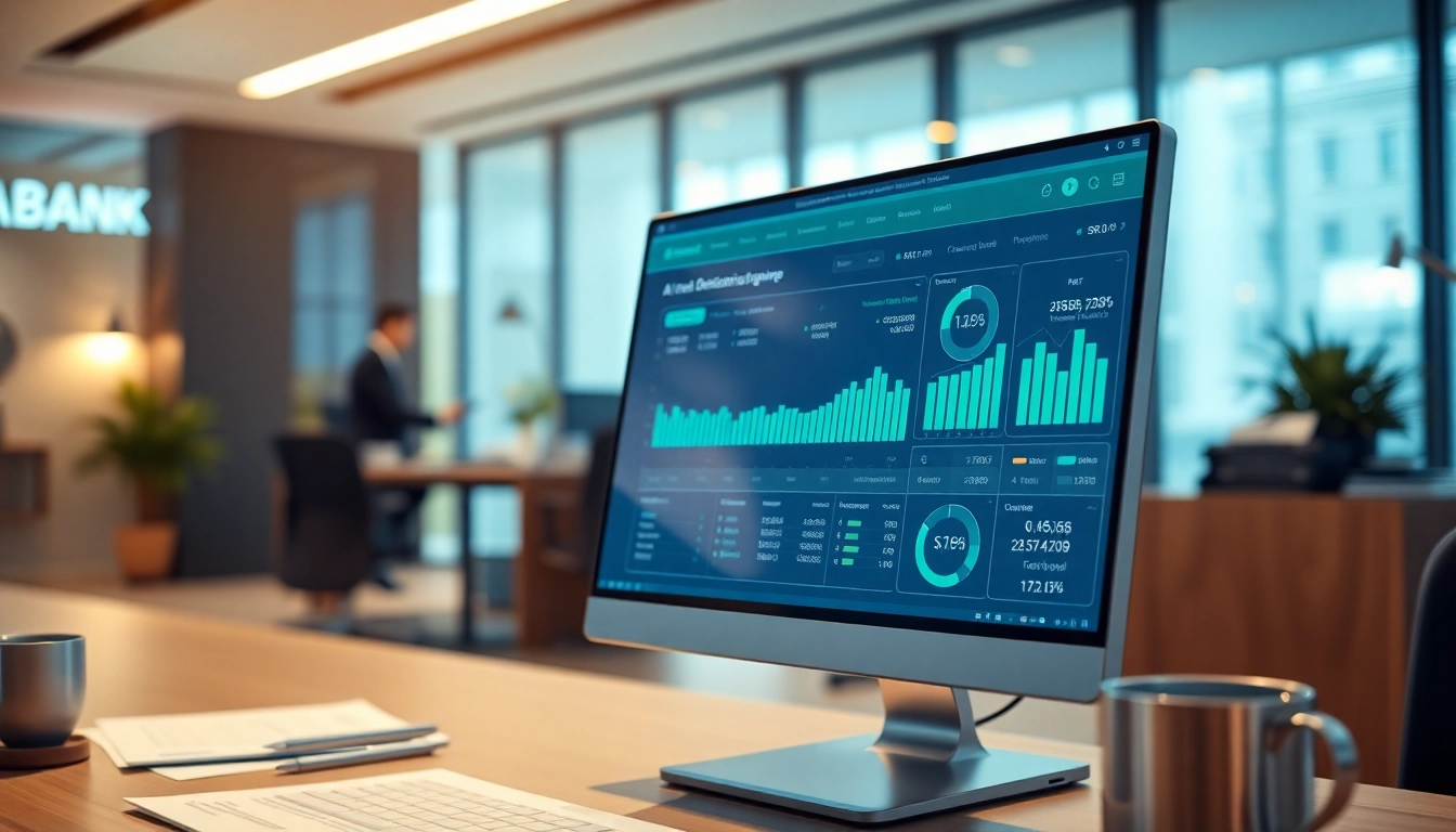 Visual representation of an AI Credit Decisioning Engine for Bank with a modern banking interface and financial data.