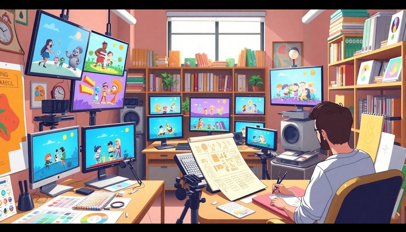 Animation Agency zeigt kreative Mitarbeiter, die an umfangreichen Animationsprojekten arbeiten.