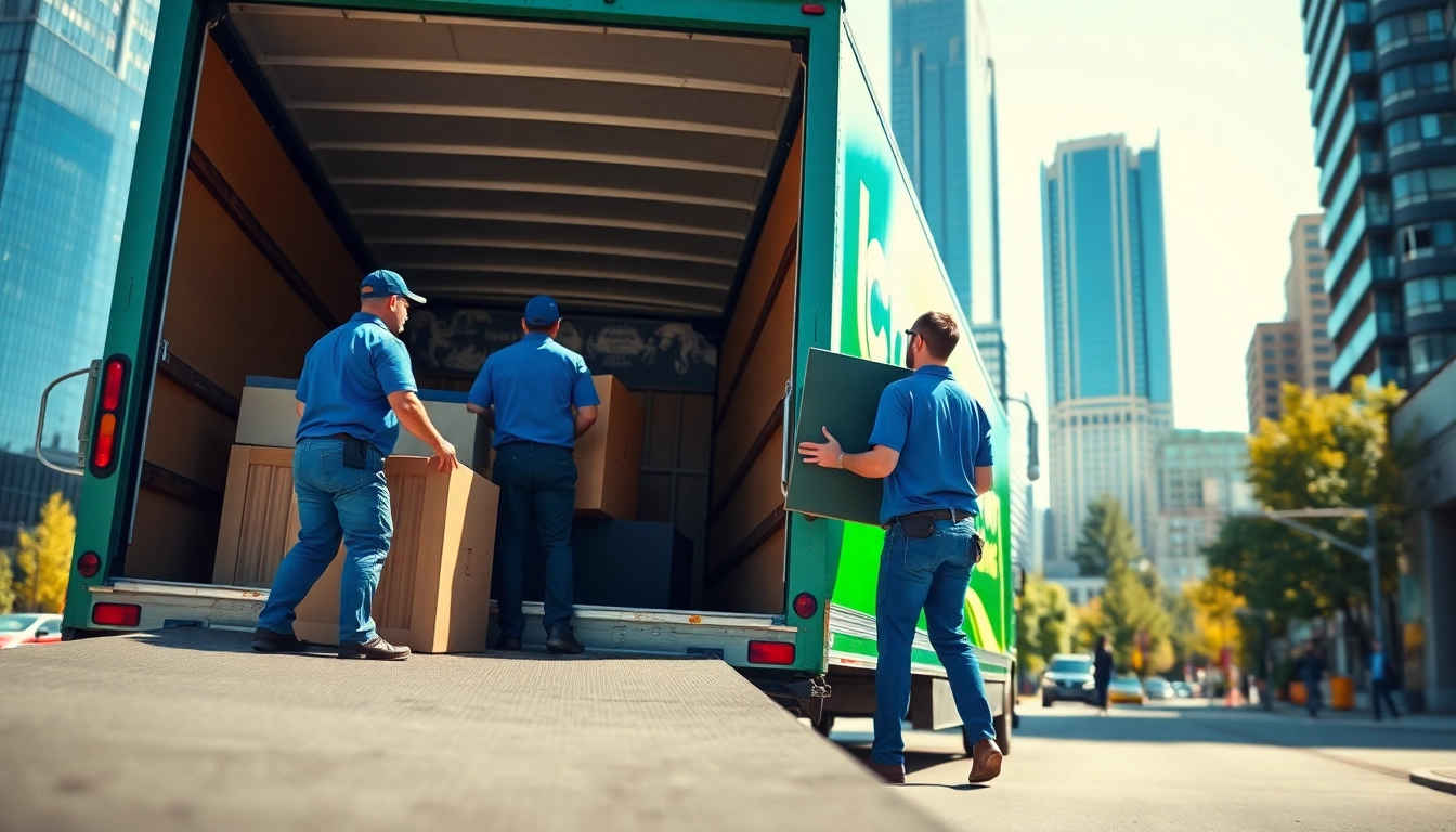 Calgary movers professionally loading a vibrant truck in an urban environment.