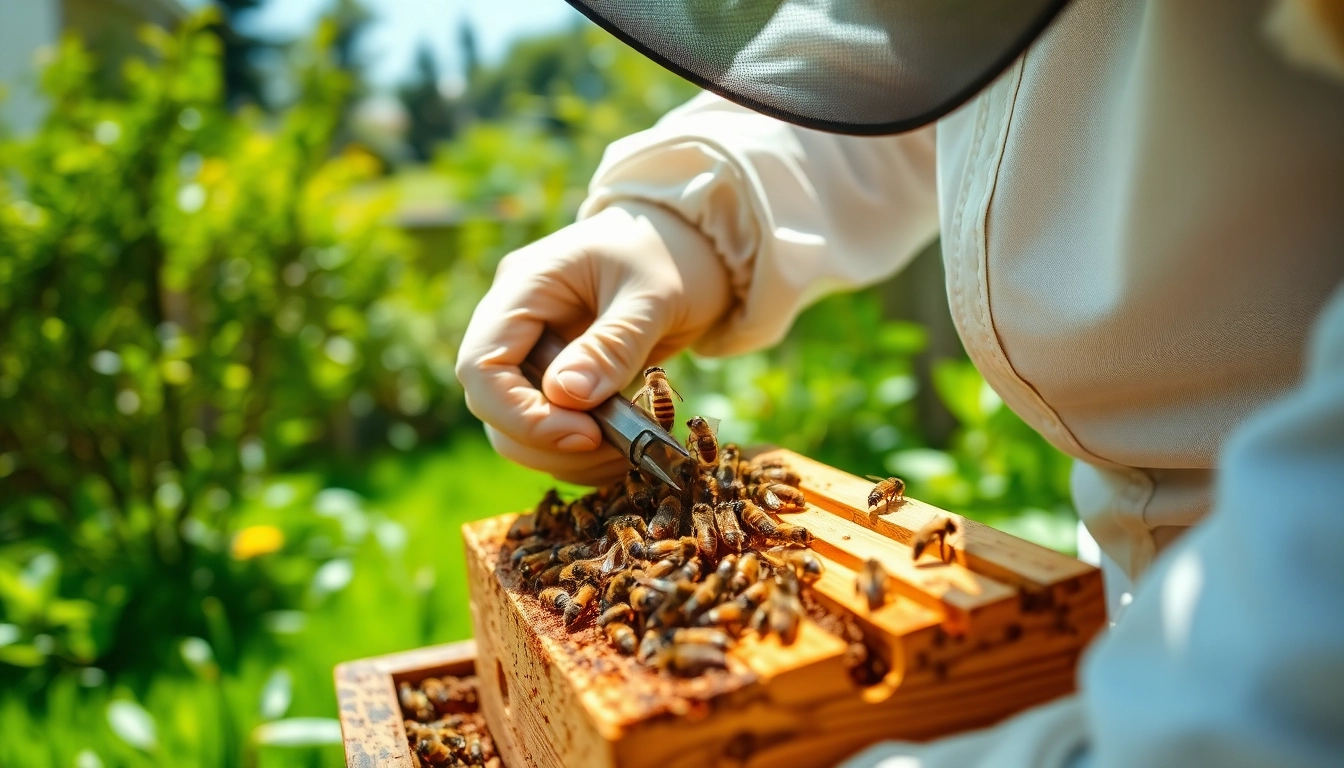 Expert performing honey bee hive removal from a backyard, ensuring safety for bees and residents.
