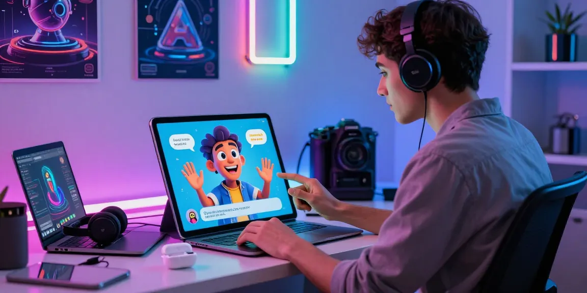 Engaging ai chat nsfw interaction on a tablet, depicting a user and vibrant digital character in a modern tech workspace.