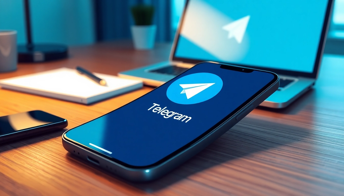 Experience Telegram官网下载 on a sleek smartphone amidst a modern workspace.