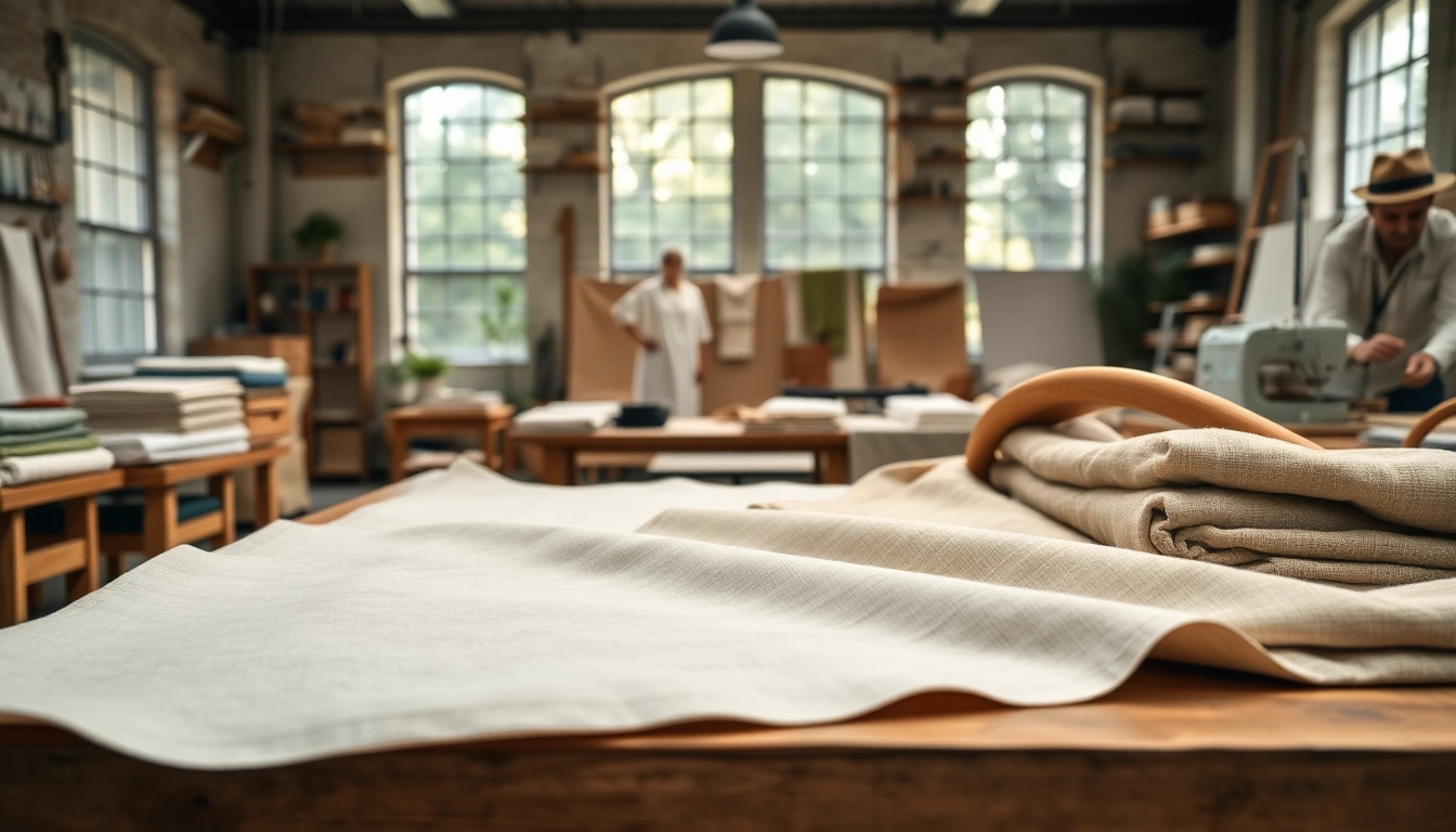 Bekijk goedkope linnen stoffen gepresenteerd op een houten tafel in een uitnodigende textielwerkplaats.