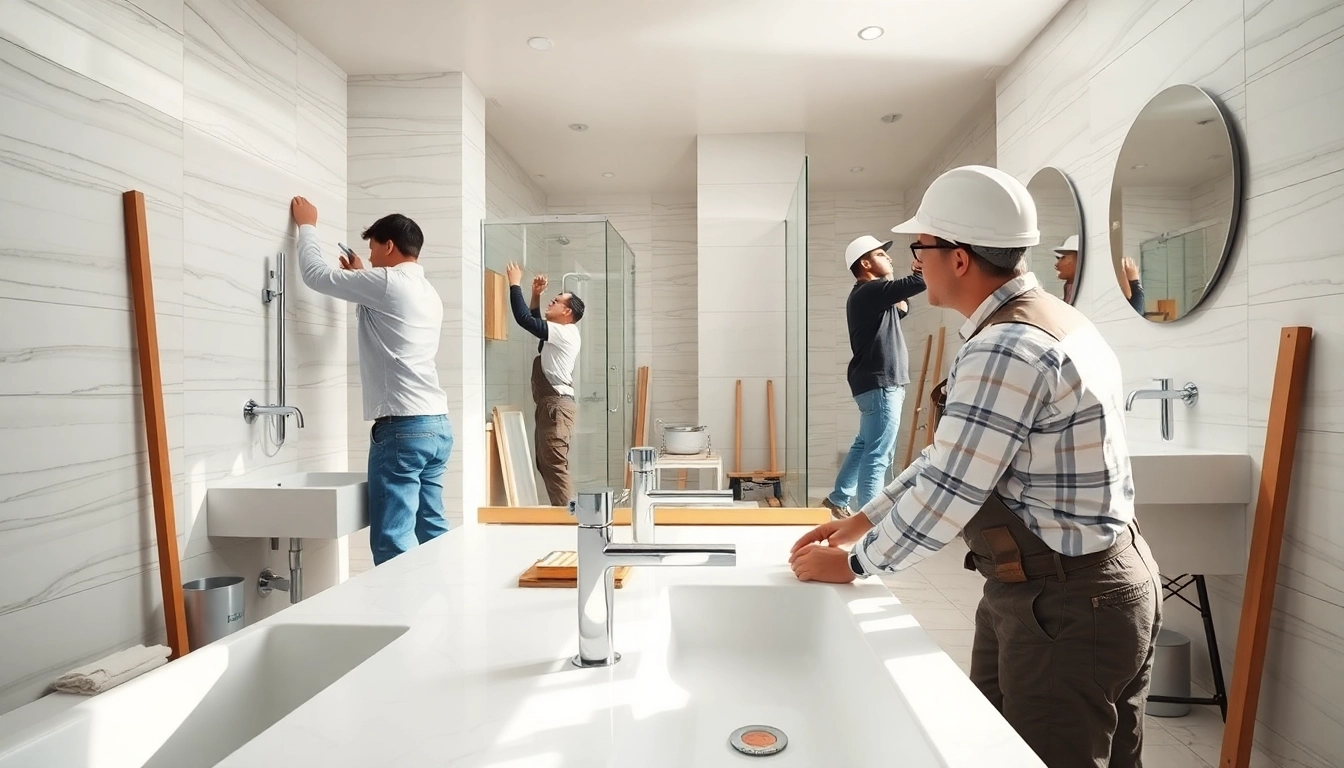 Bathroom builders expertly renovating a modern bathroom with elegant fixtures and a bright workspace.