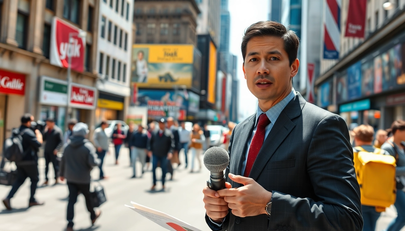 Engaging news scene showcasing a journalist reporting the latest News in an urban setting.
