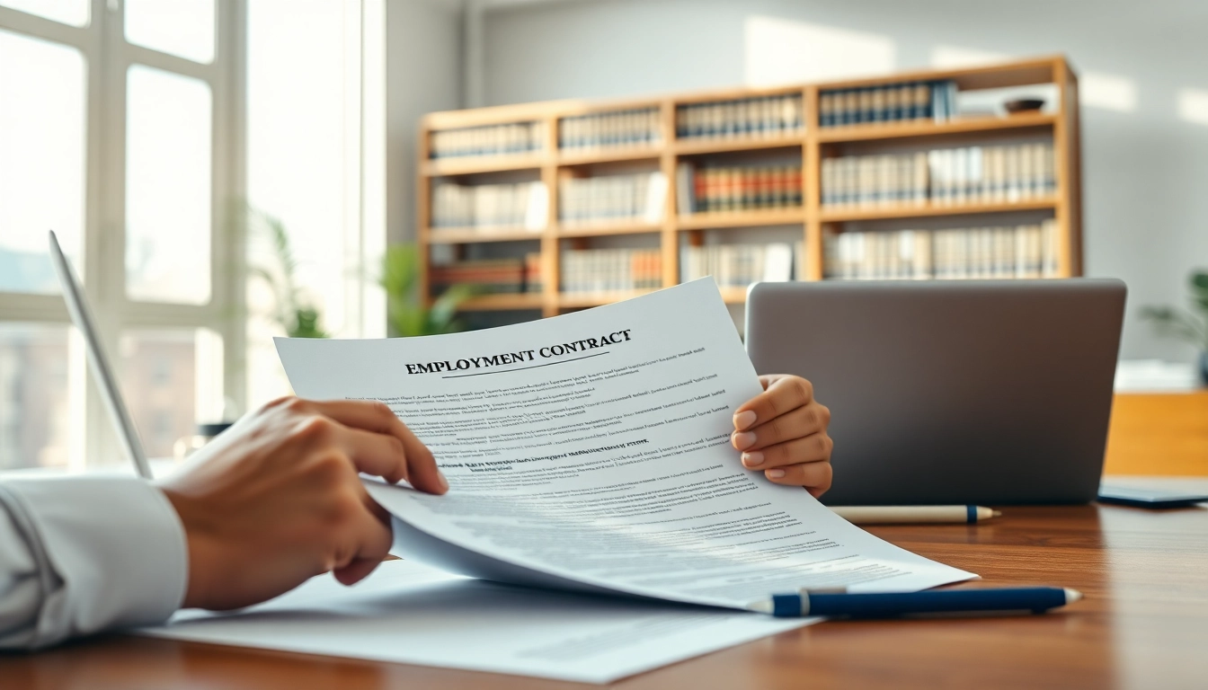 Arbeitsvertrag prüfen durch einen Anwalt in einem modernen Büro, Detailansicht eines Vertragsdokuments.