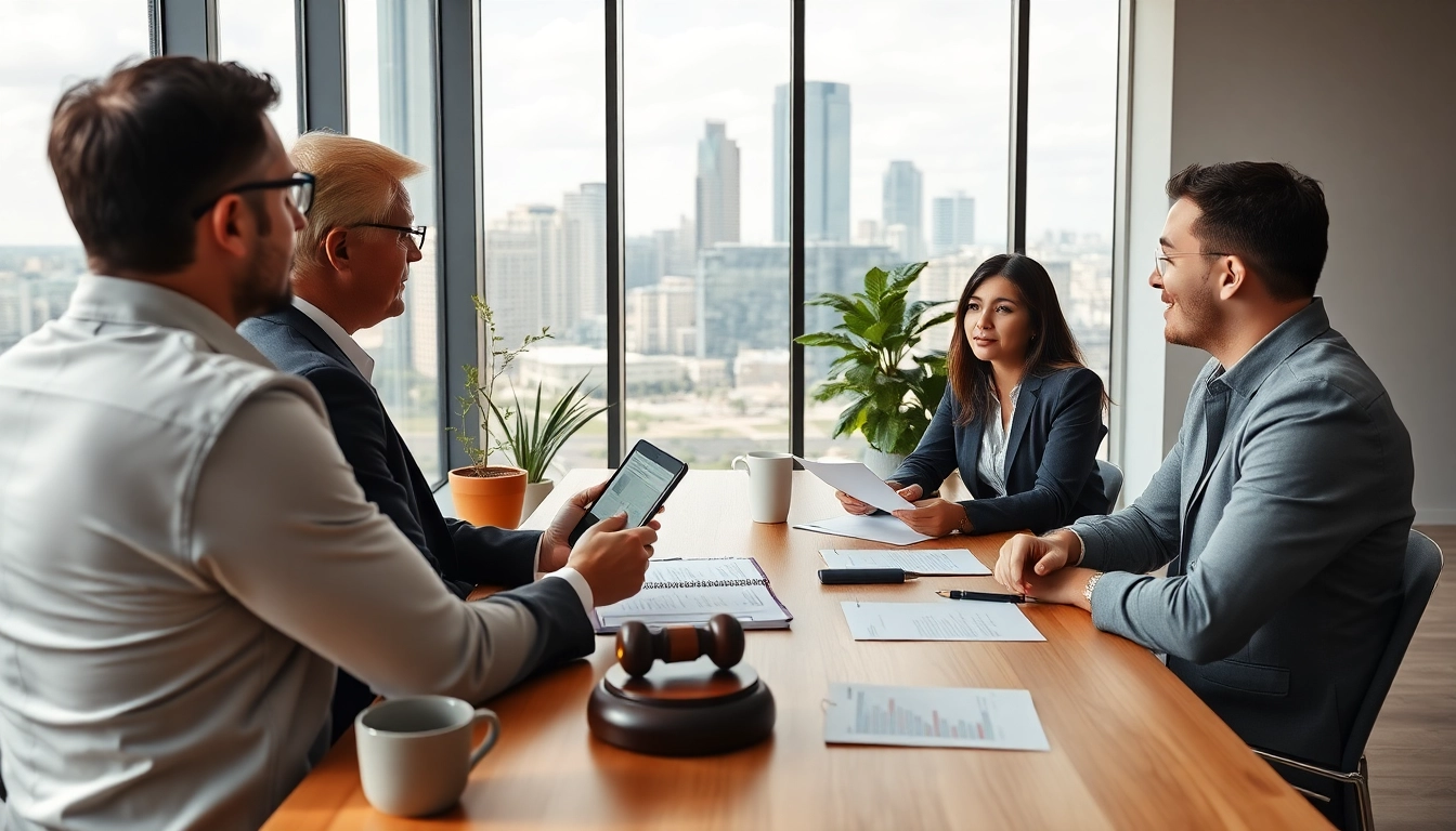 Engaging financial advisor San Antonio meeting with clients in a modern office.