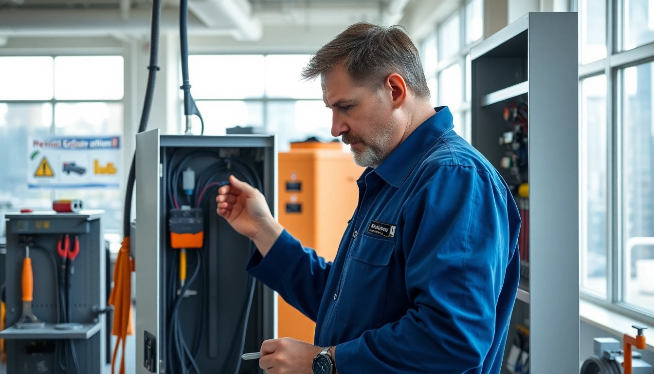 Skilled commercial electrician Vancouver inspecting wiring in an office, showcasing expertise and professionalism.