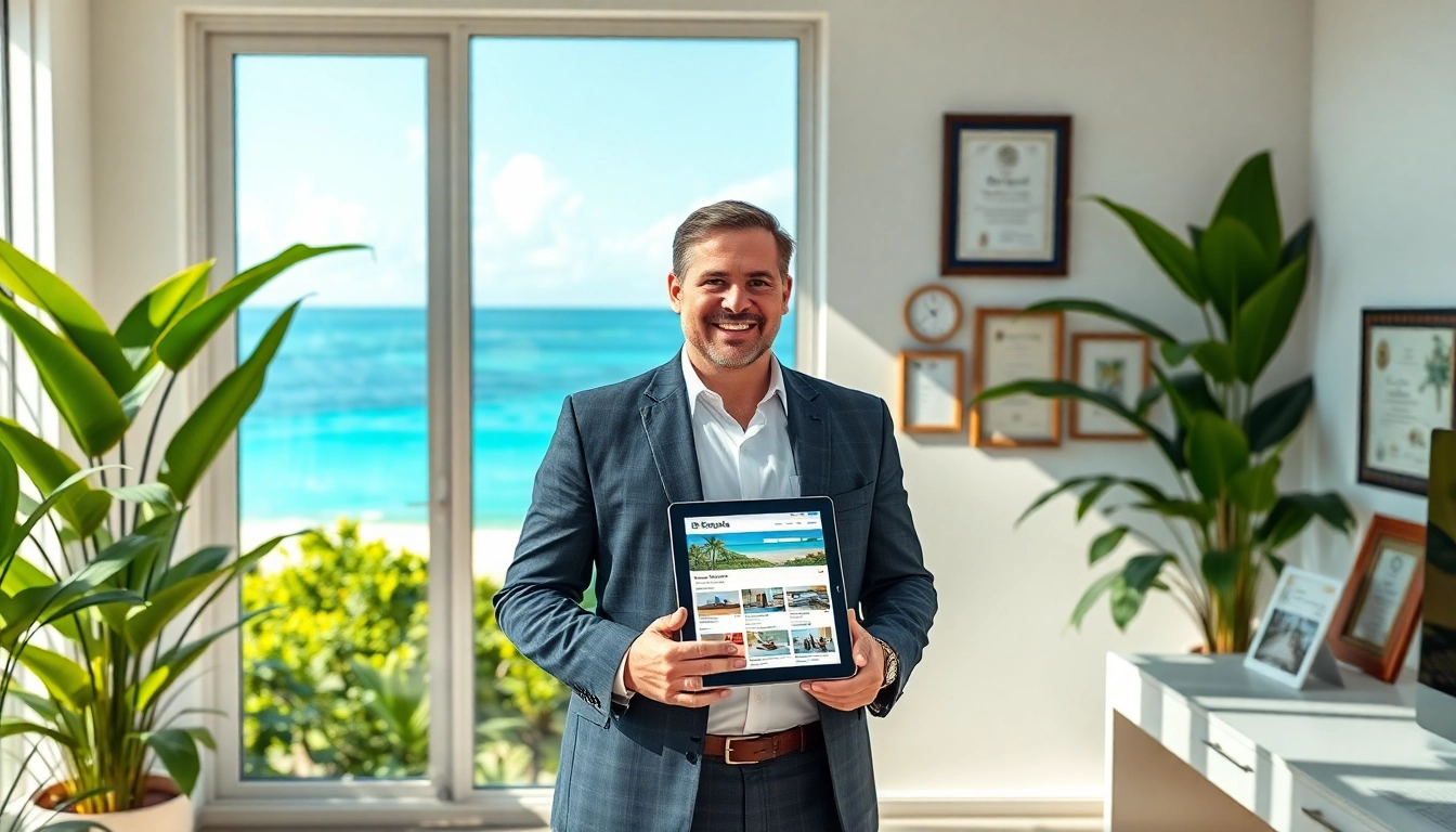 Dustin Rennie, top Belize real estate expert, in a bright office with coastal views.