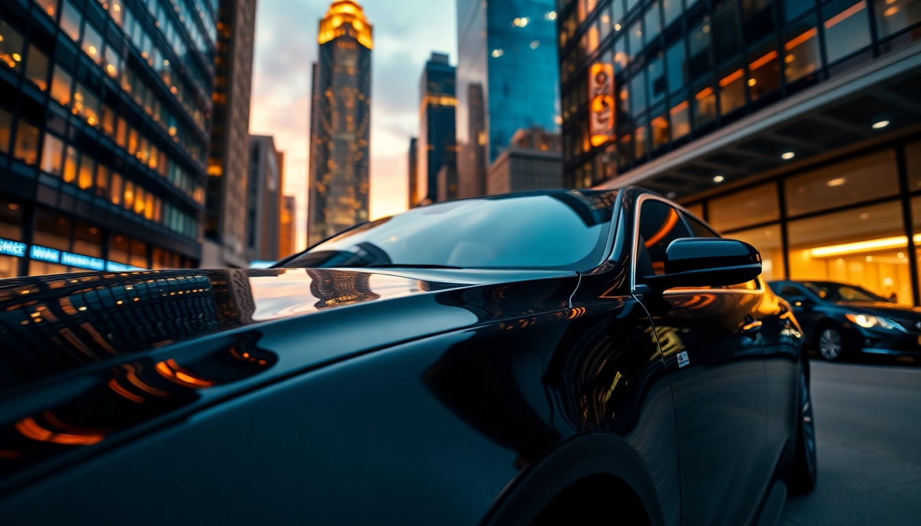 Experience premium Car service nyc with a luxurious black car in a vibrant urban setting.
