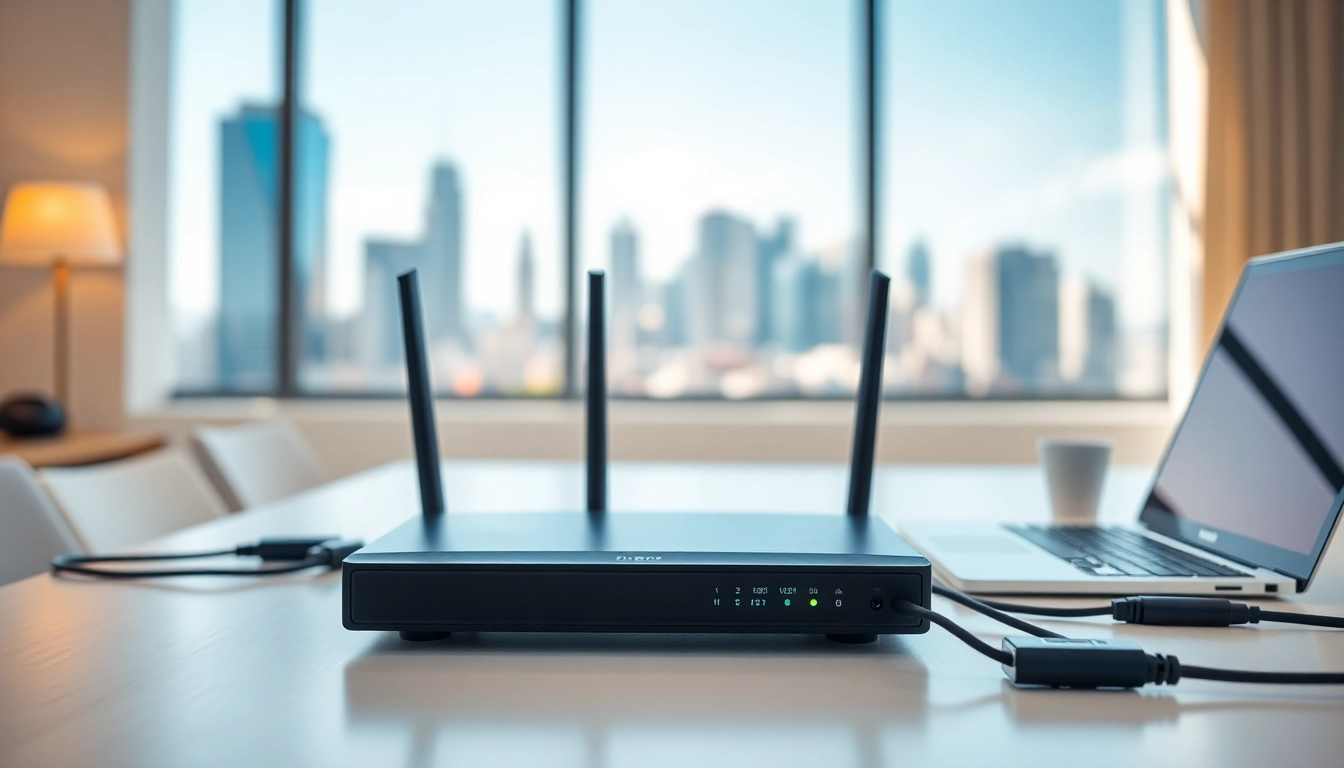 Setting up a vpn router uk in a modern office, showcasing connectivity and security.
