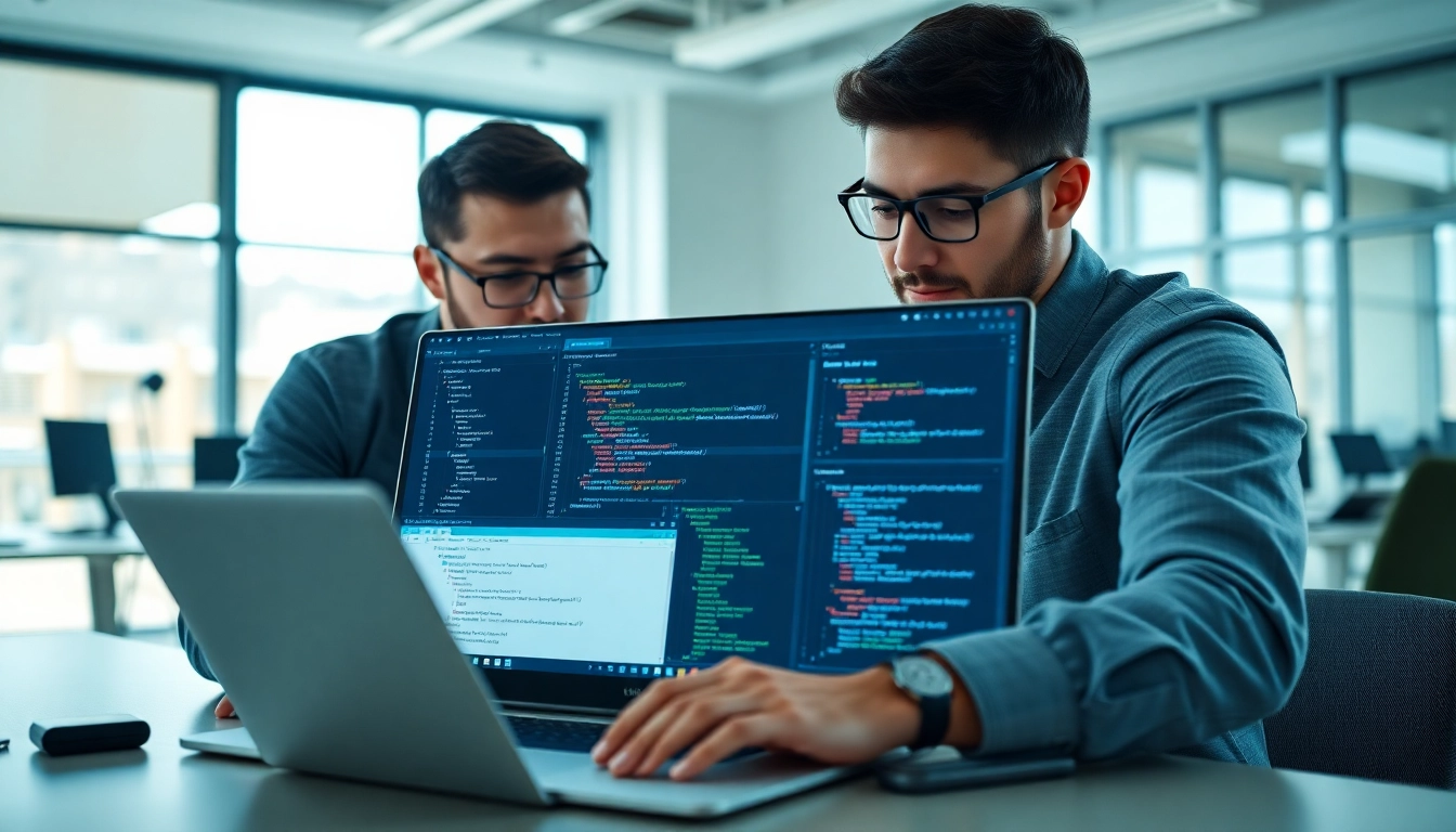 Using a test automation tool on a laptop by software engineers in a modern office setting.