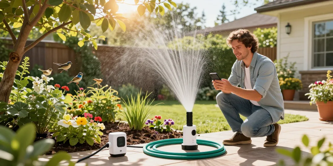 Homeowner using wifi sprinkler controller in vibrant garden setting for efficient irrigation.