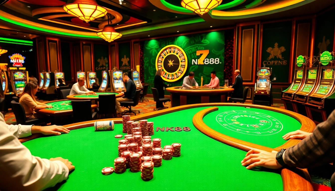 Excited players at an NK88 casino table enjoy a vibrant gaming experience.