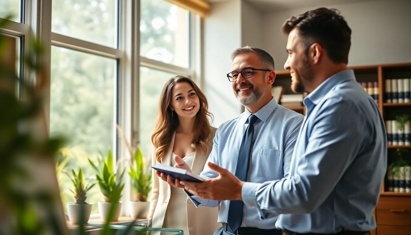 Engaging agriculture lawyer consulting clients in a professional office environment.