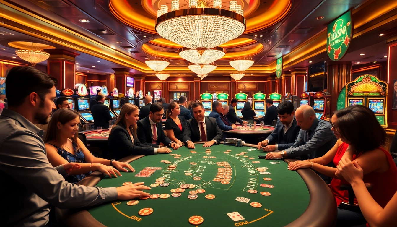 Scène passionnante de casino en ligne avec des joueurs autour d'une table de poker animée et des machines à sous.