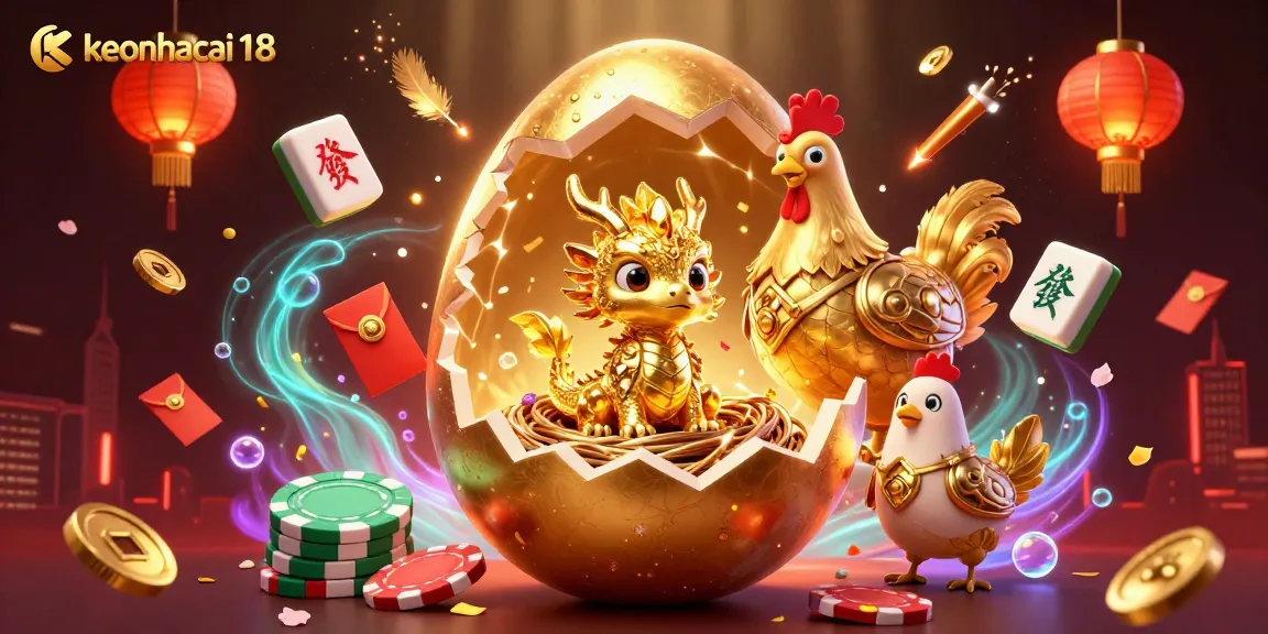 Bet on keonhacai 18 and witness the golden egg reveal a crystallized dragon among poker chips.