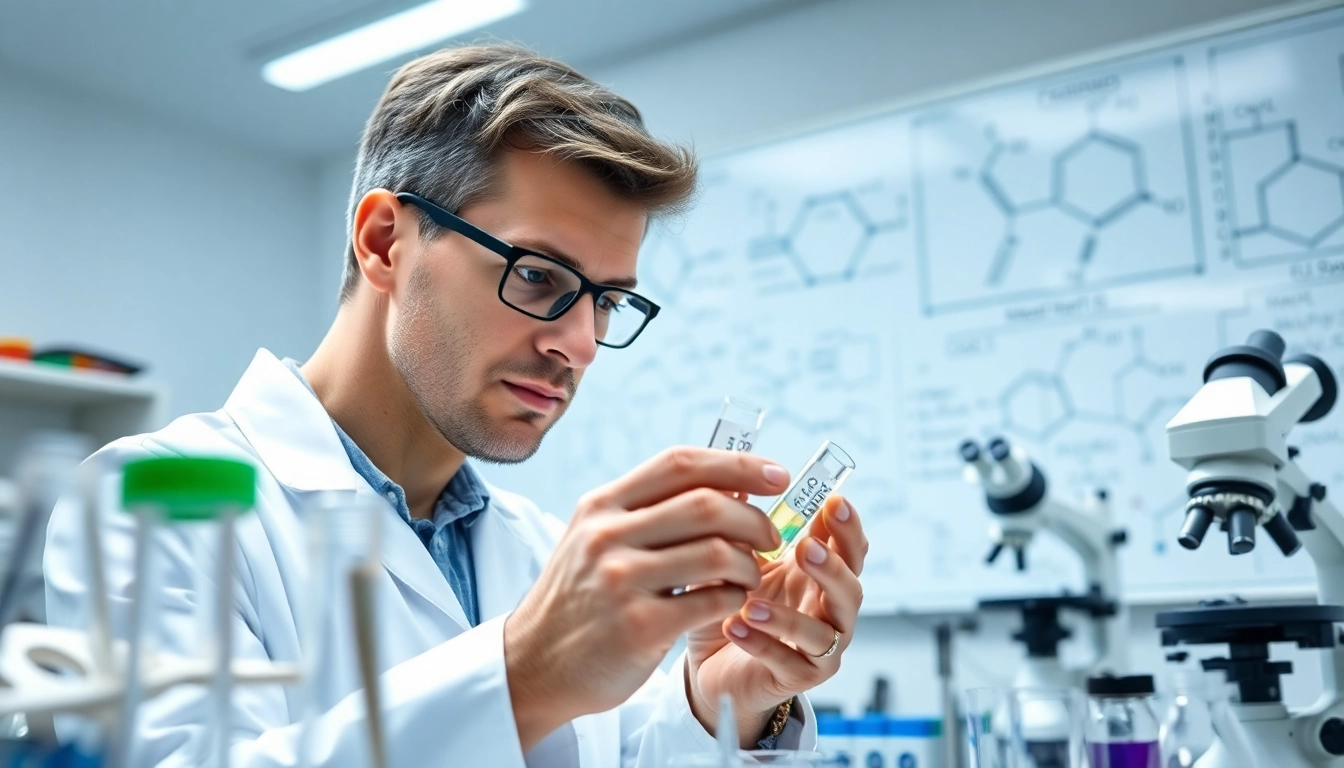 Research peptides analysis in a professional laboratory setting with a researcher examining samples.