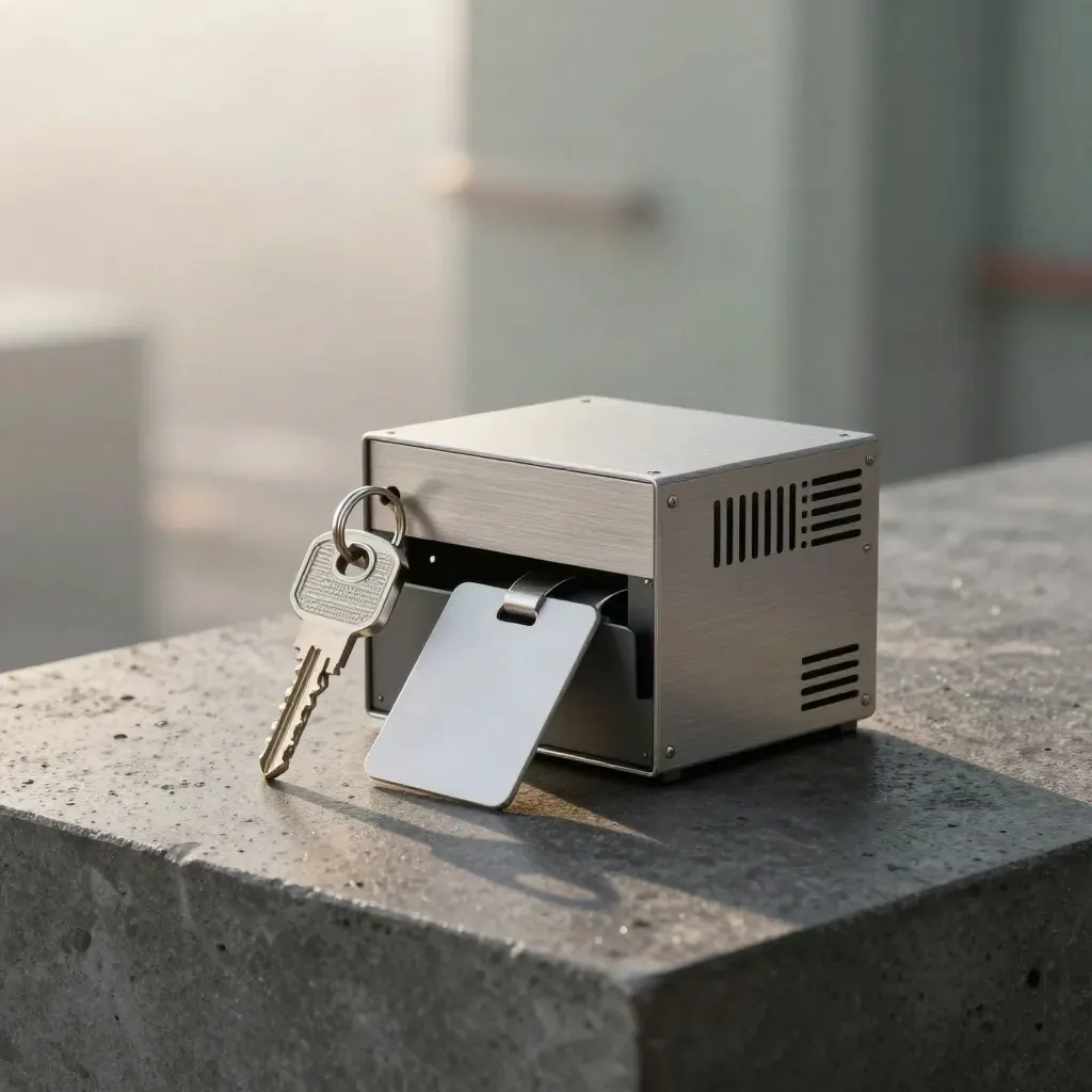 Brushed-steel auth keys, token cards, and an open lockbox on wet slate at dawn.